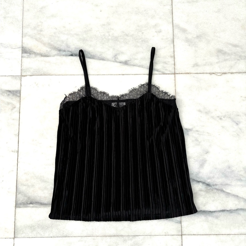 VTG Andrea Jovine Camisole Black Velvet Tank Lace Trim Womens L Whimsigoth Fairy